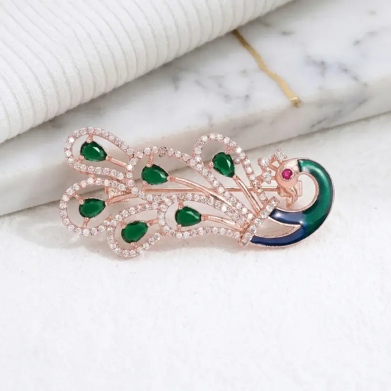 Cz Statement Peacock Feather Brooch Pin For Women |Wedding Wear : AD-005-RGGN-BROOCH