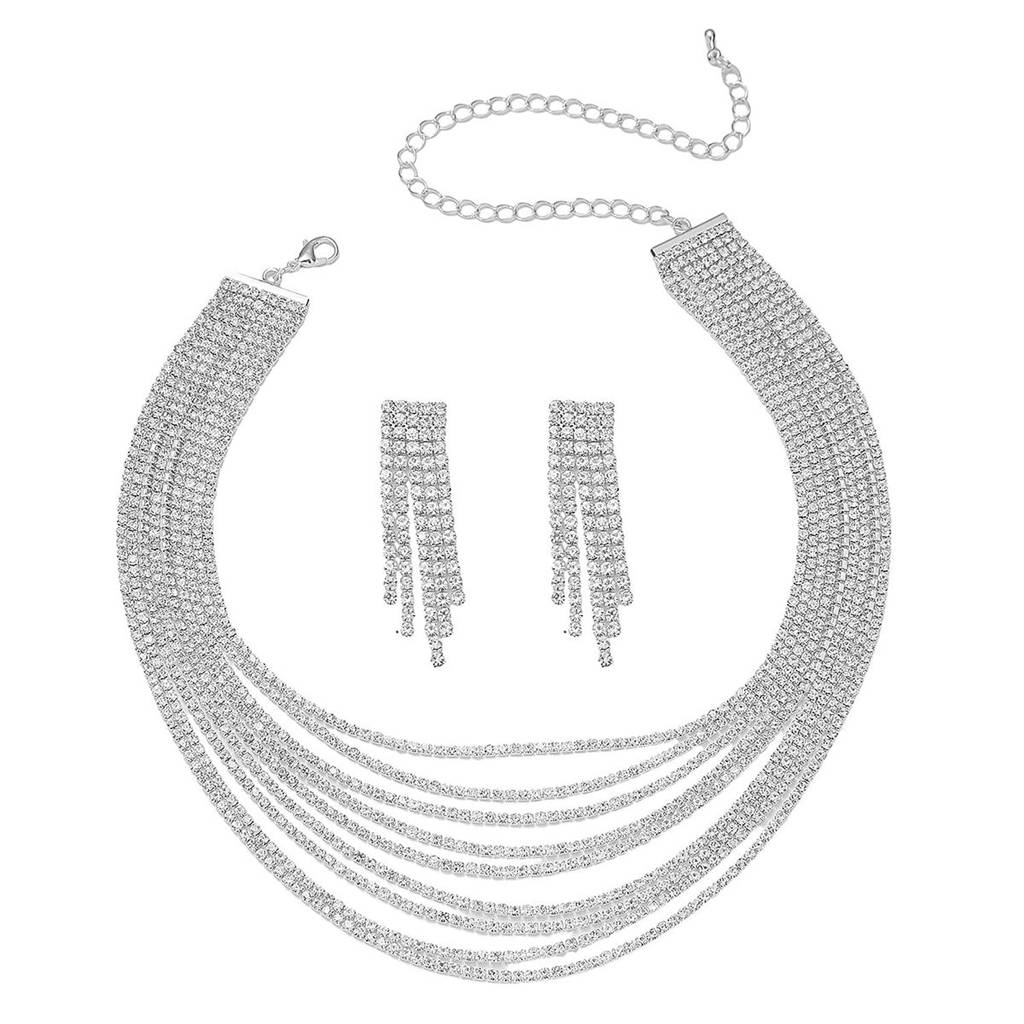Silver Plated Cubic Zirconia Studded Multi-Layered Stylish Necklace With Drop Earrings Set Fashion Jewellery For Wo : PX9N223S