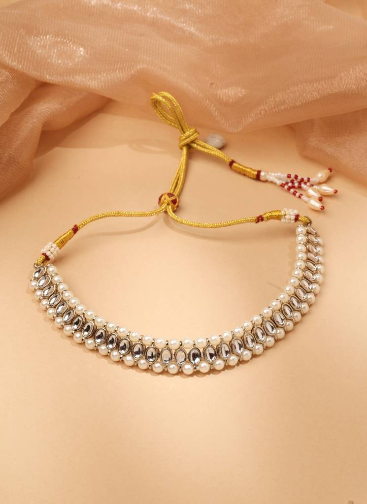 Gorgeous Round And Circle Shape Pearl White Kundan Stone Antique Gold Plated Choker Necklace With Maang Tikka For : 6NS129_SLV