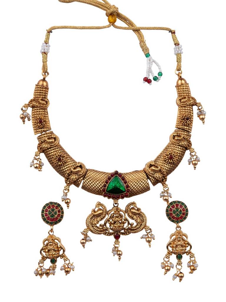Traditional Temple Green Necklace Set : SATJS369GREEN