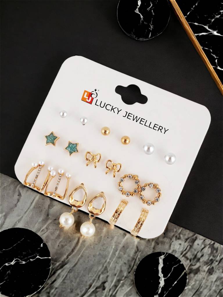 9 Pairs Combo Earrings- Gold Plated Studs, Earcuff And Drops : 195-CHEX-1013B-9