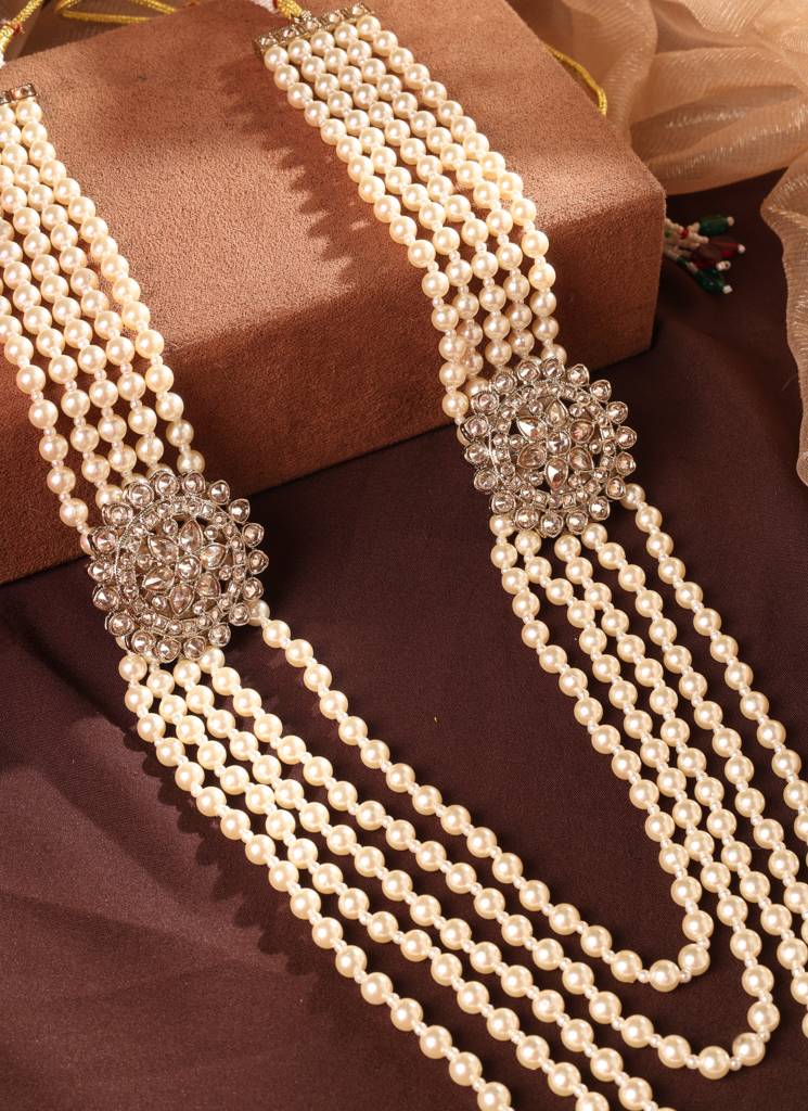 Royal Flower Design Pearl 5 String Brown Stone Kundan Antique Gold Plated Long Haram Necklace Mala For Women And : 6ML76_BROWN