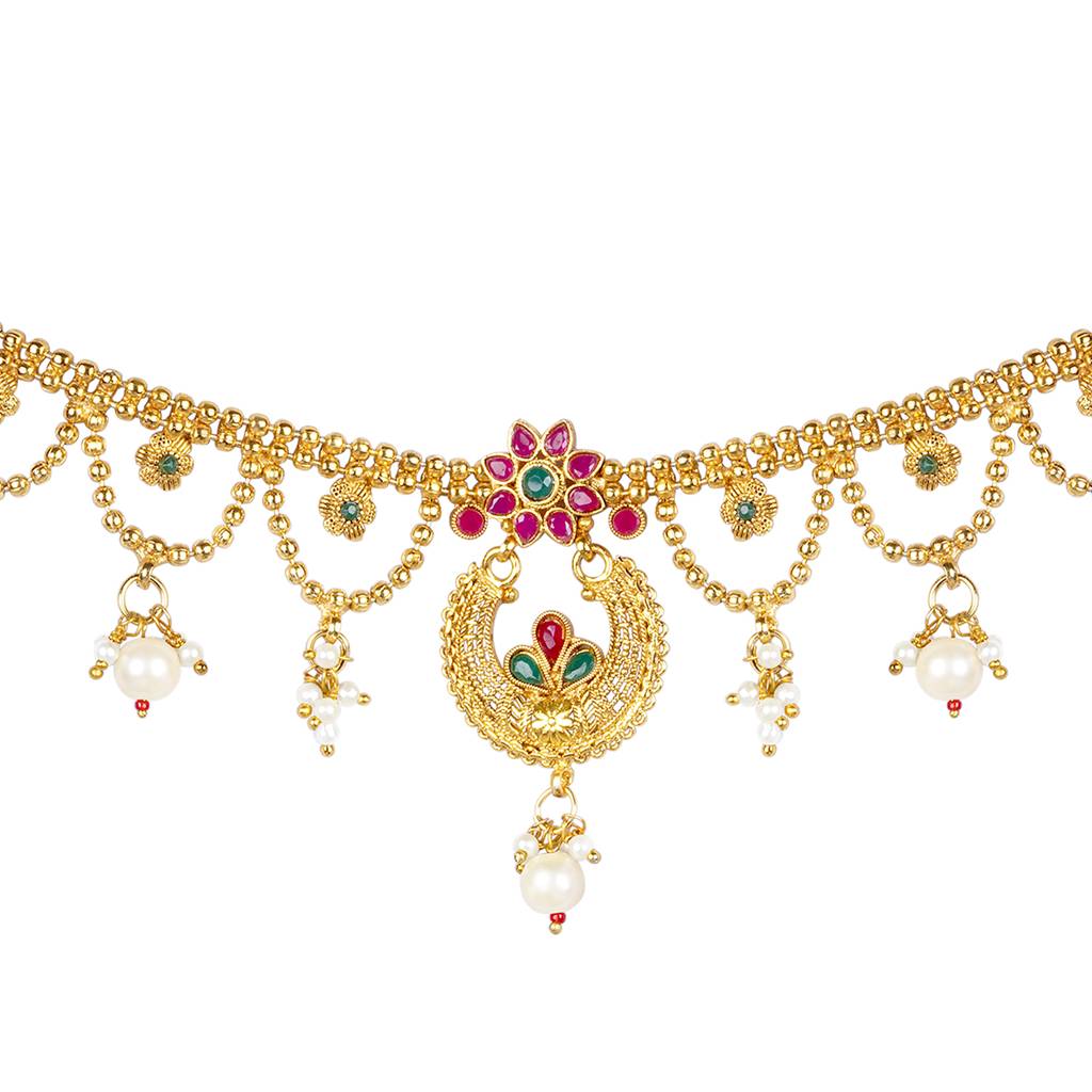 Combo Of Golden Bridal Jewellery Set With Adjustable Waist Belt Kamar Bandh Gift For Women : PF04BR329-PF04BCH001RG