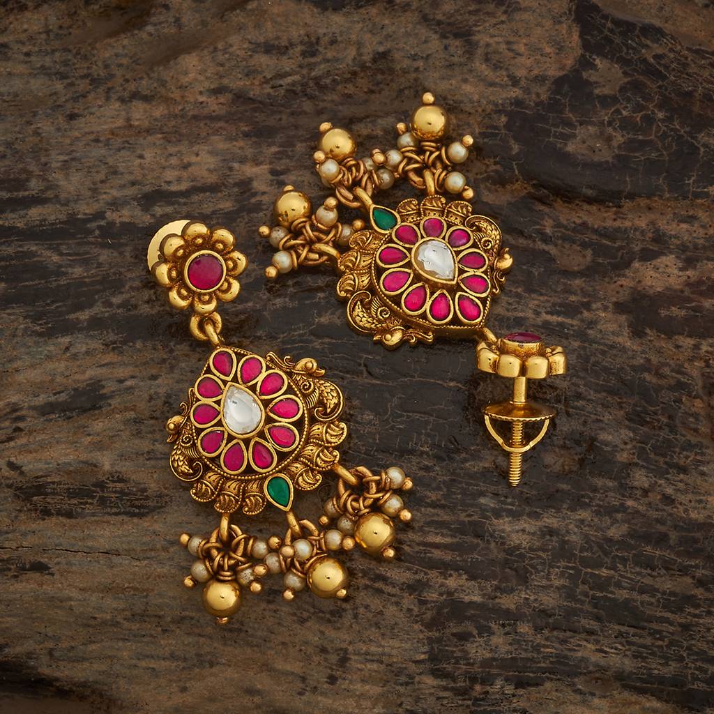 Ruby-Green Gold - Plated Festive Temple Earring - 442351 : 442351