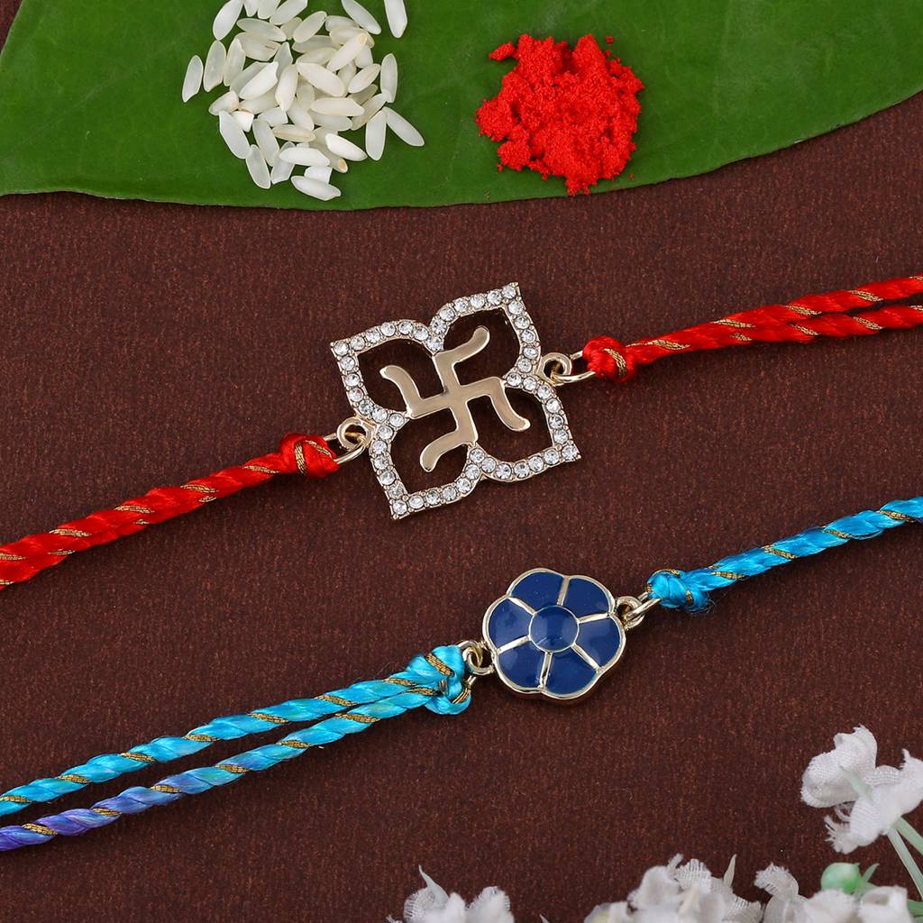 Gold Plated Blistering & Holy Swastika Bracelet With Austrian Crystals And Fancy Silk Thread (Combo Of 2) : COMBO-226-RAKHI