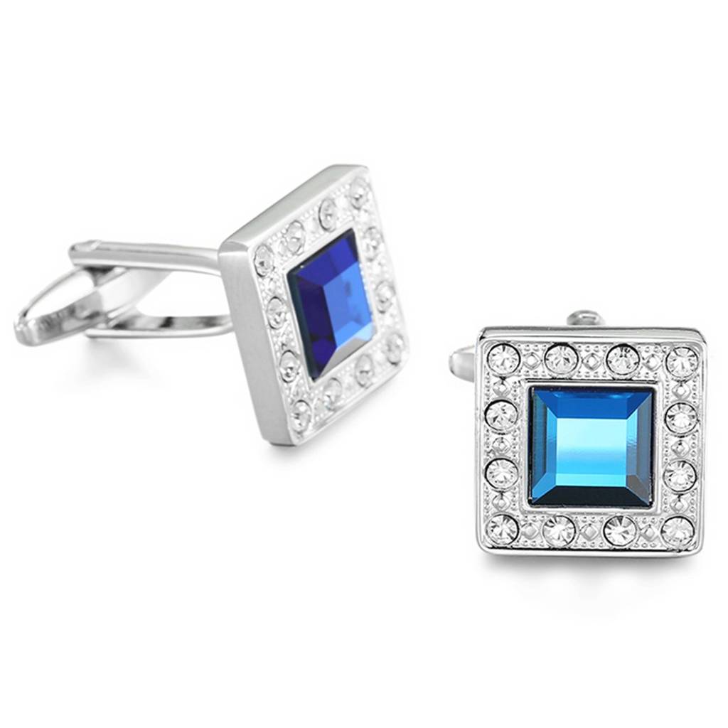 Silver Plated Ocean Blue Navy Swarovski Crystal Square Cufflinks For Men Boys Business Gift : PX9CL30