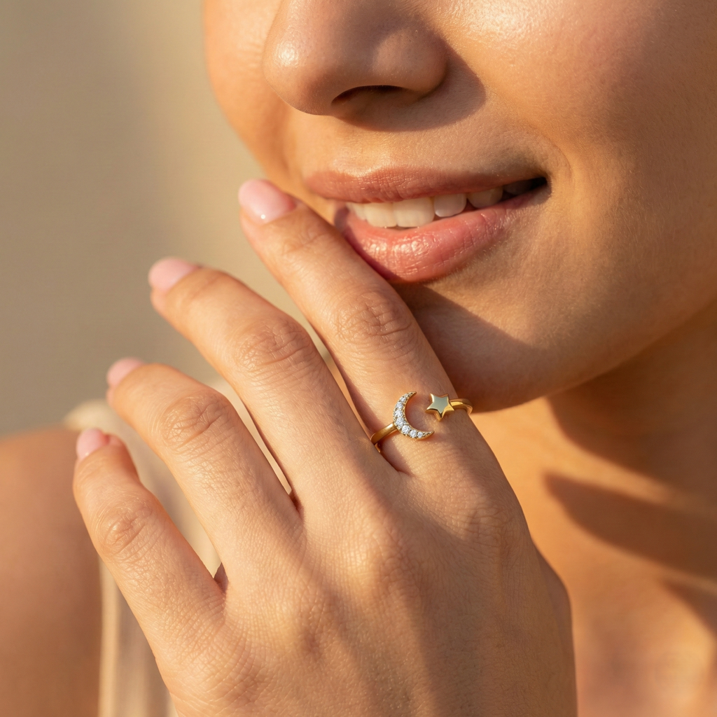 Gold-Toned Crescent Moon & Star Ring For Women | Stylish 925 Silver Celestial Jewelry | Adjustable : R130G