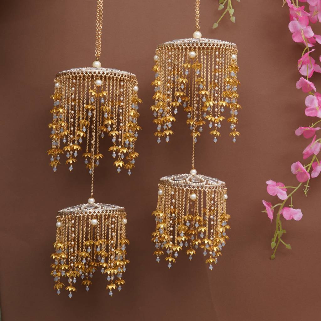 Royal Pearl Mini Lotus Dome Bridal Kaleere With Layered Chain Drops - Set Of 2 Pieces : ACKL077