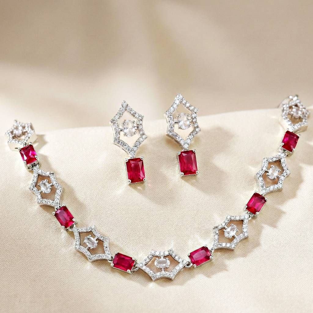 Silver-Tone American Diamond Necklace Set With Earrings For Women – Office, Party & Wedding Wear : 628-K4SA-2240-R-S