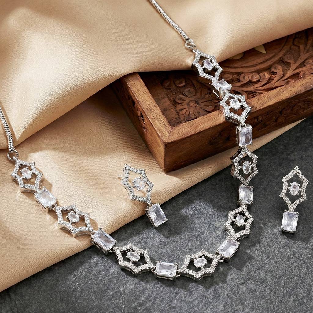 Silver-Tone American Diamond Necklace Set With Earrings For Women – Office, Party & Wedding Wear : 628-K4SA-2240-W-S