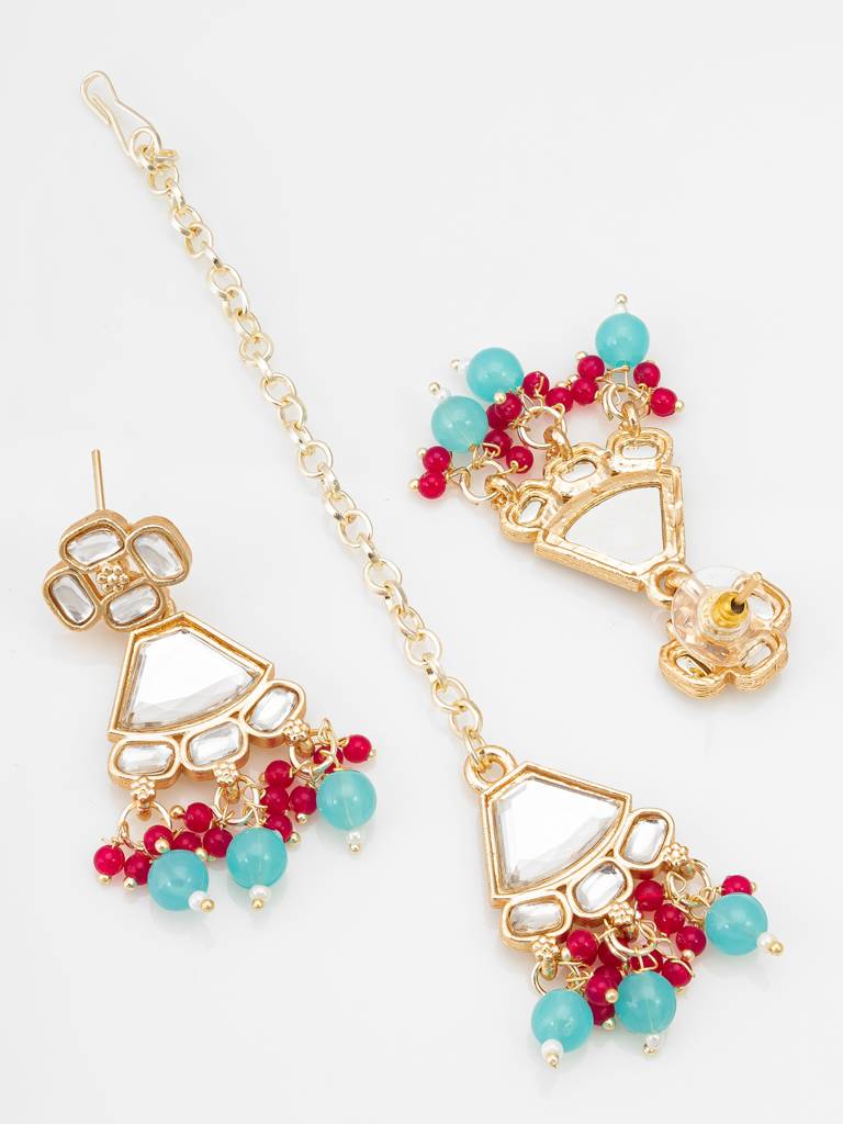 Reception Special Kundan Choker Necklace Set With Earrings And Maang Tikka In Red And Turquoise Beads : NK4193