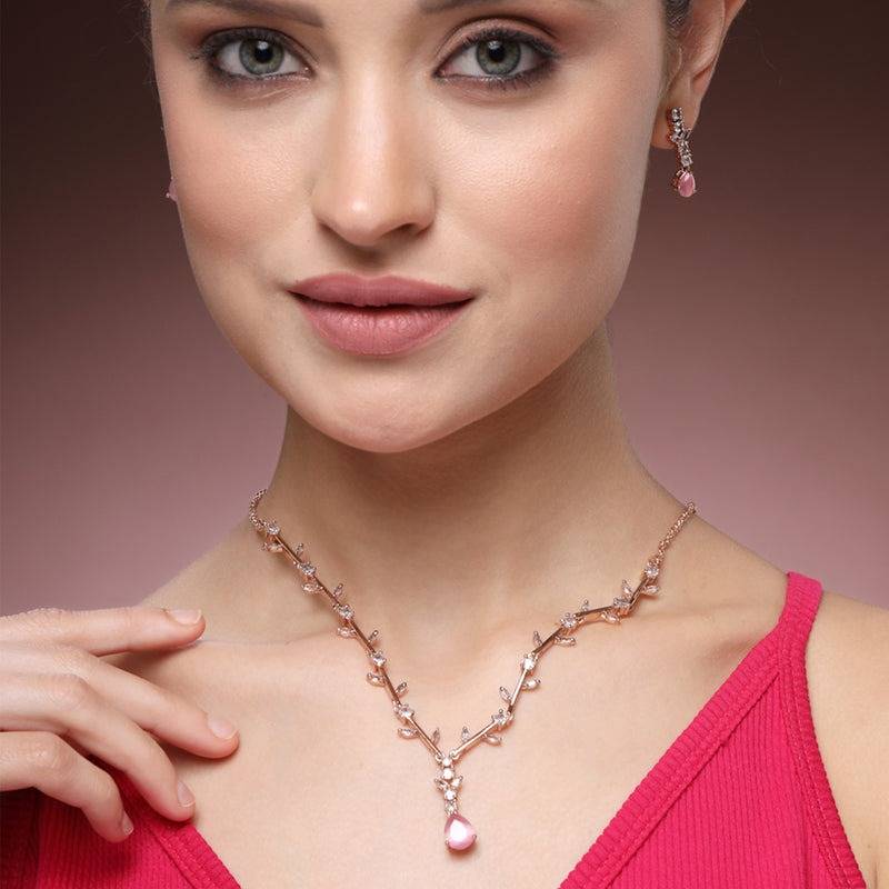 Refined American Diamond Teardrop Vine Leaf Motif Necklace Set– Lightweight Signature Jewelry For Bridesmaid : AD-854-RGMPNKER