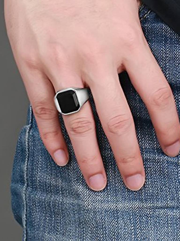 Peora Black Stone Studded Silver Plated Finger Ring Fashion Fancy Jewellery Gift For Men & Boys (Us-9) : PX9R84-9