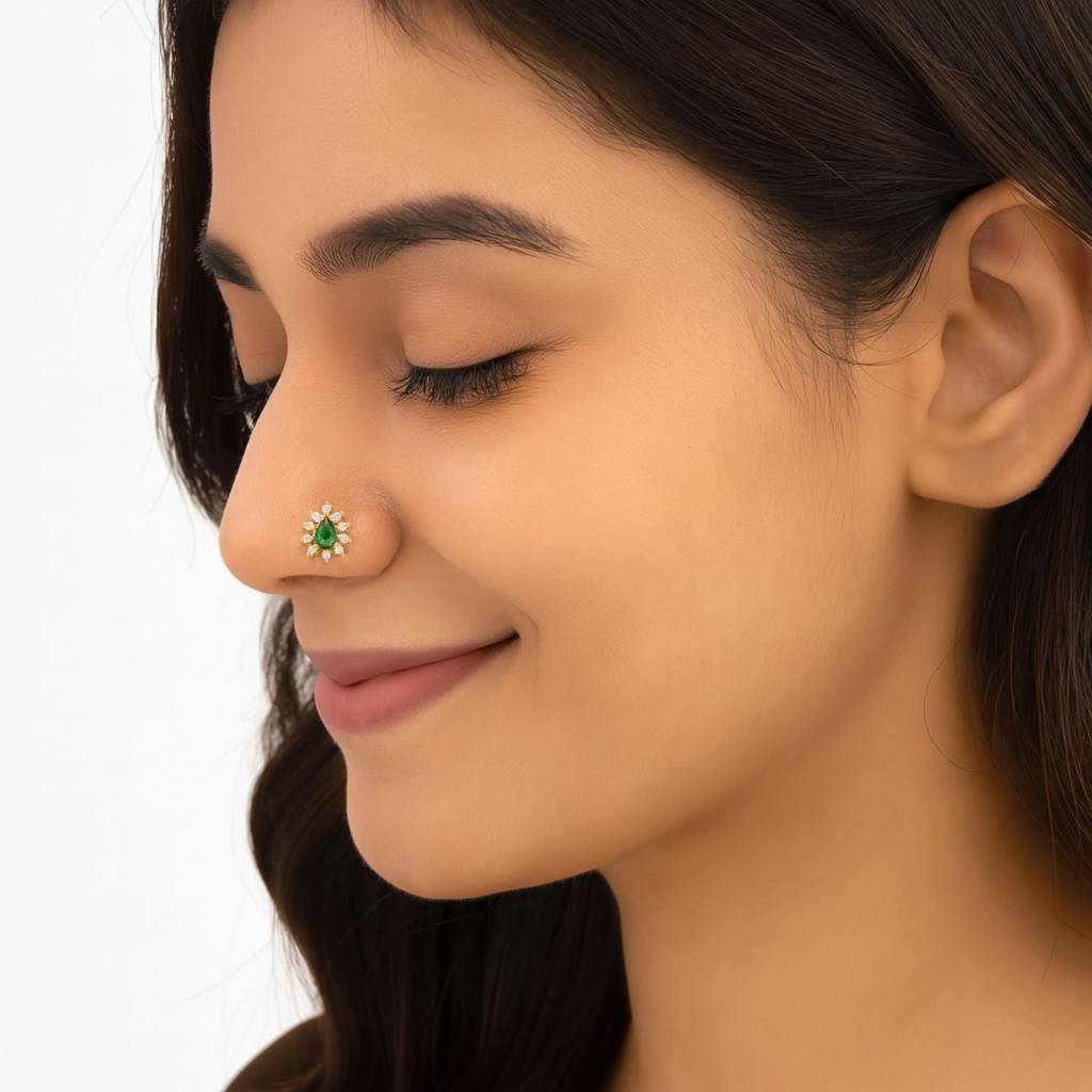 Teardrop Halo Nose Pin - Sterling Silver Gold Plated : NP-00083_925S_YG