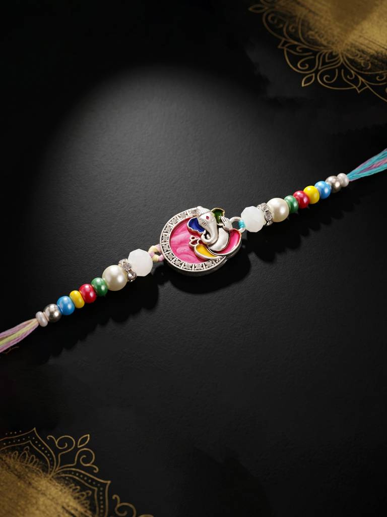 Lord Ganesha Circular Ganpati Silver-Finish Enamel Beaded Rakhi Set For Brother, Roli & Card (132-S5R1-Ar2773) : 132-S5R1-AR2773