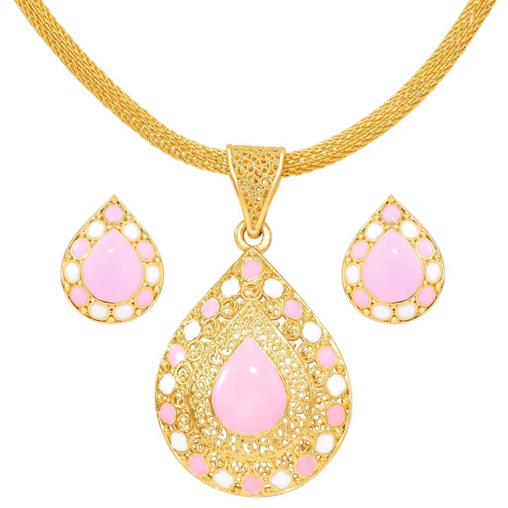 Gold Plated Ethnic Pink Crystal Pendant Chain Earrings Set For Women | Festive & Occasion Jewellery, Anniversary  : PF04N64LPK