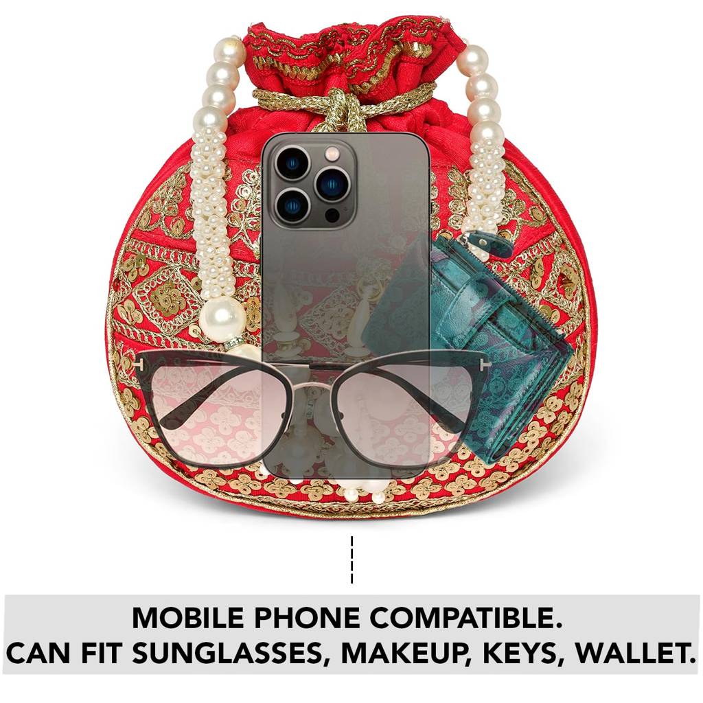 Red Sequins Embellishment Potli Bag Ethnic Bride Wristlet Purse With Drawstring For Women Girls : P210R-L