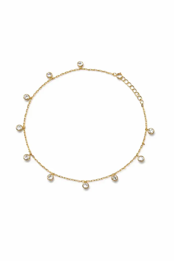 925 Sterling Silver Gold Plated Dainty Charm Anklet With 10 Mini Crystal Drops : AK-10036-1-G