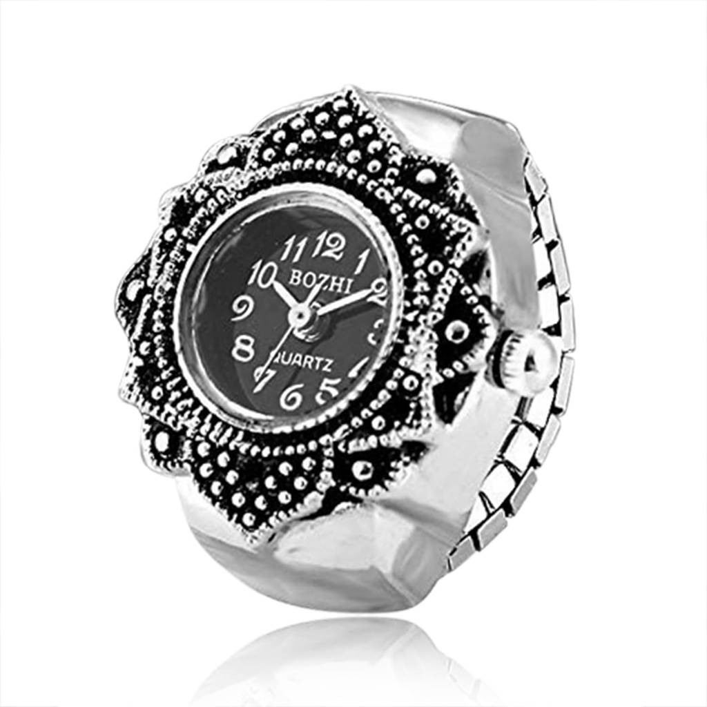 Stainless Steel Black Analog Watch Style Strechable Finger Ring Fancy Jewellery For Girls & Women (Free Size) : PX9RW07BL