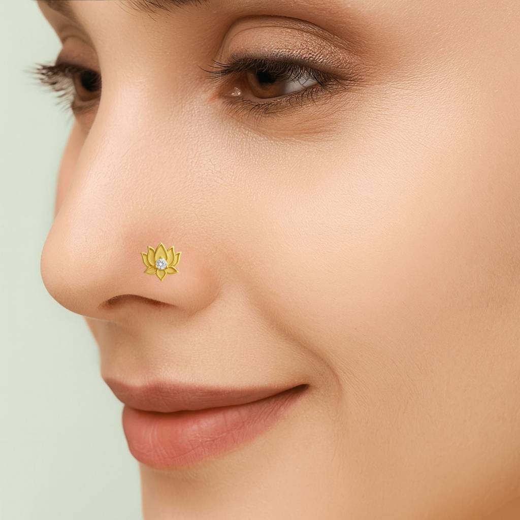 White Cz Center Lotus Flower Nose Pin 925 Sterling Silver Gold Plated : NP-0021-N-1-snp-0034