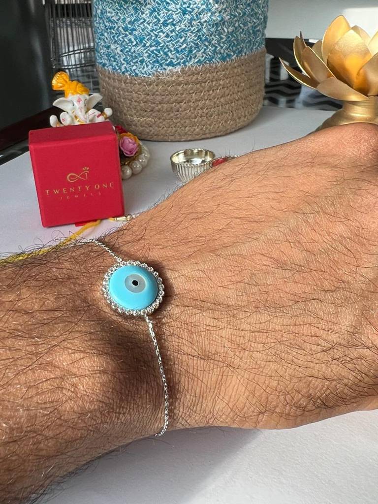 Twenty One Jewels Pure 925 Silver Evil Eye Rakhi Cum Bracelet For Brother ( Free Size With Extension Links ) : TB4184_E