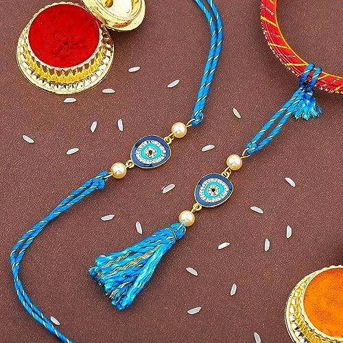 Gold Plated Sacred Evil Eye Bhaiya Bhabhi Rakhi Set With Fancy Silk Thread : 282-IG-RAKHI