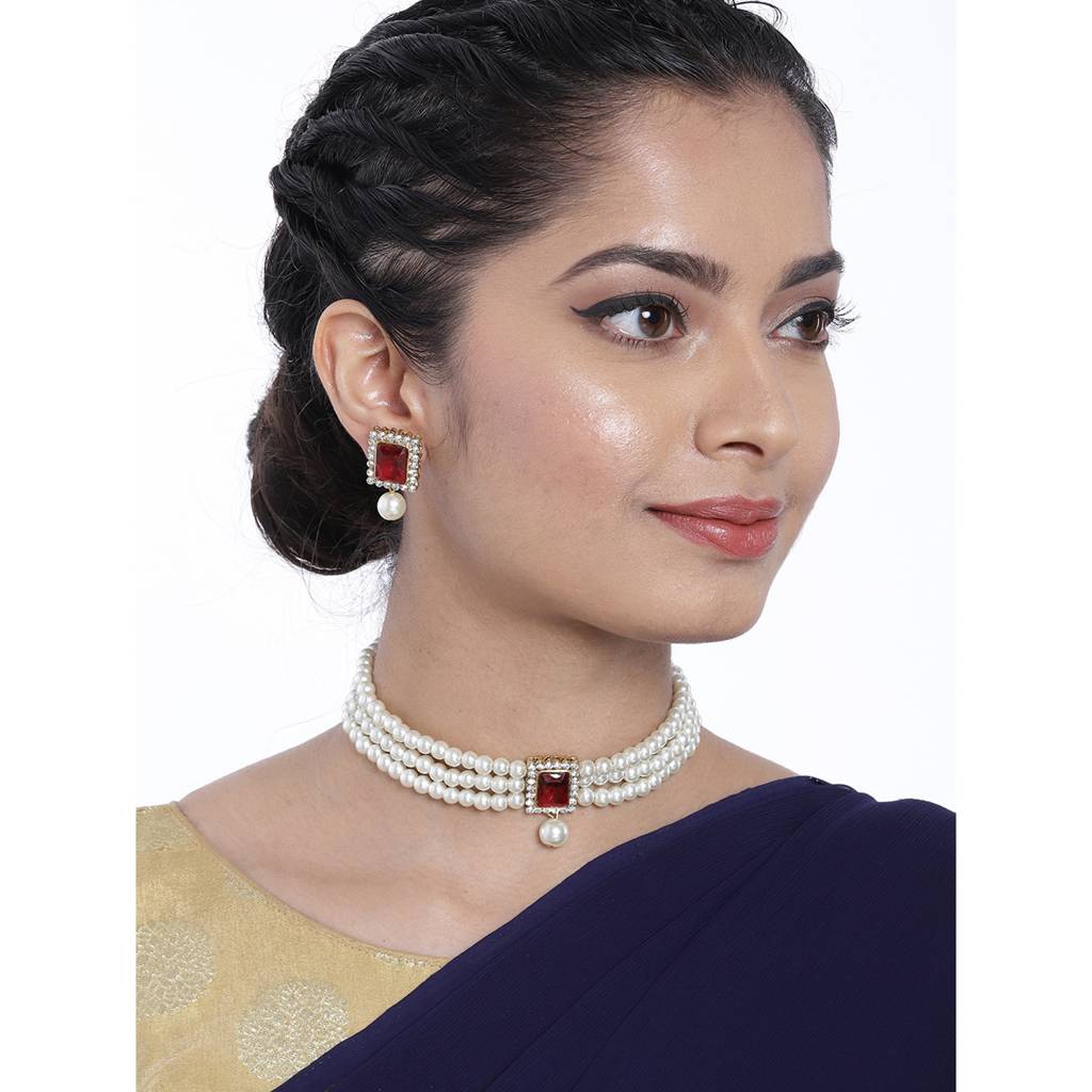 Peora Gold Plated Indian Traditional Crystal Pearl Beaded Choker Necklace Jewellery Set For Women : PF24N02M