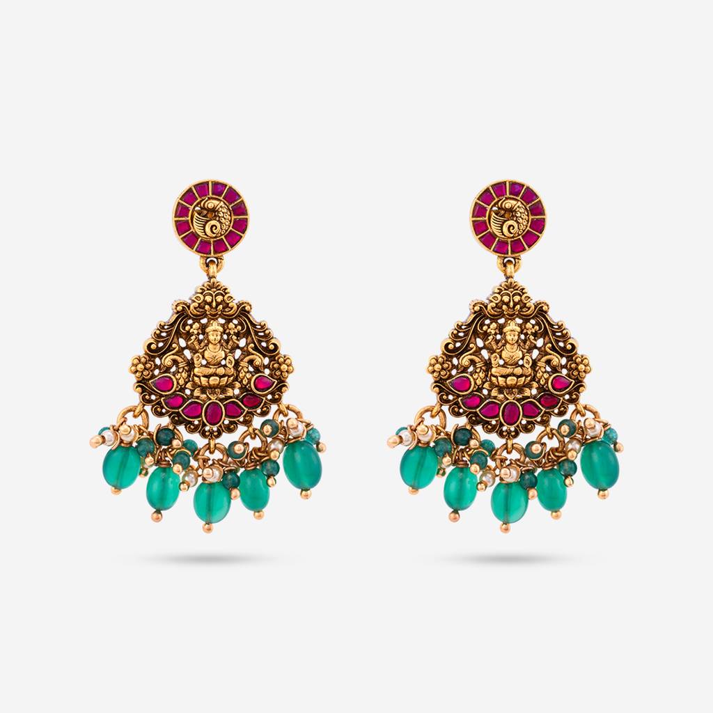 Ruby-Green Gold - Plated Festive Temple Earring - 447898 : 447898