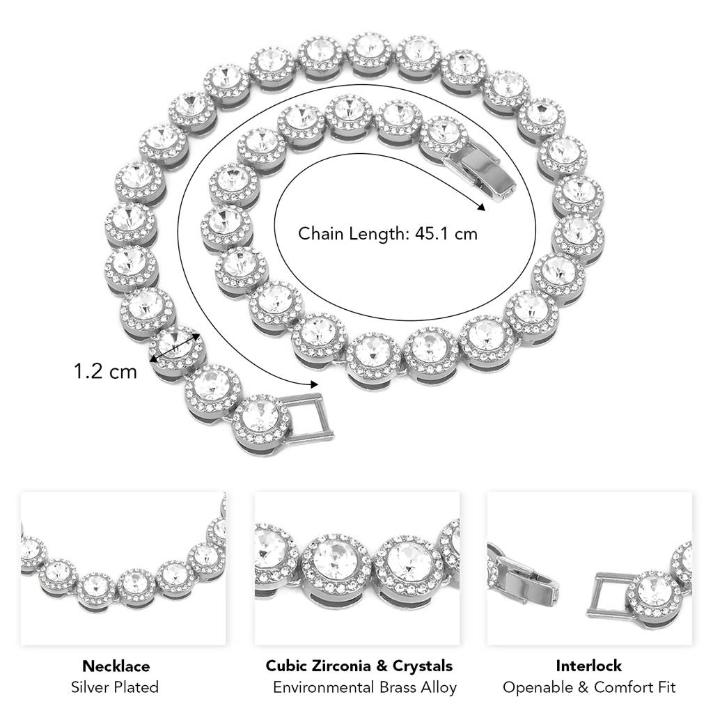 Silver Plated Cubic Zirconia & Crystal Studded Round Tennis Fancy Necklace Stylish Fashion Jewellery For Women & Gi : PX9N213W