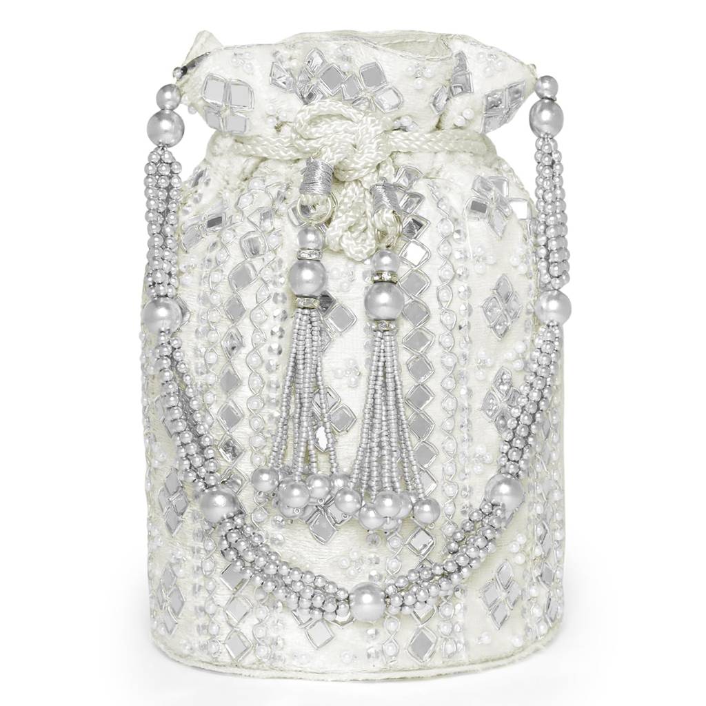 White Embellished Potli Bag Handbag Wristlet Purse For Women & Girls : P25W