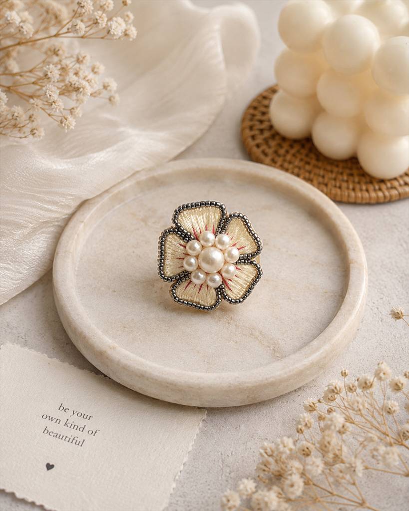 Moti Resham Flower Ring (White) : ABFR26