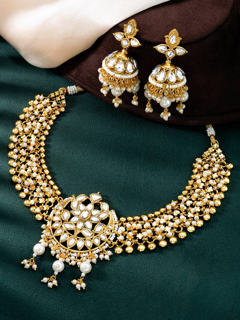 Peora Gold Plated White Kundan & Beads Studded Necklace Jhumki Earrings Ethnic Jewellery Set For Women & Girls : PF104N06W