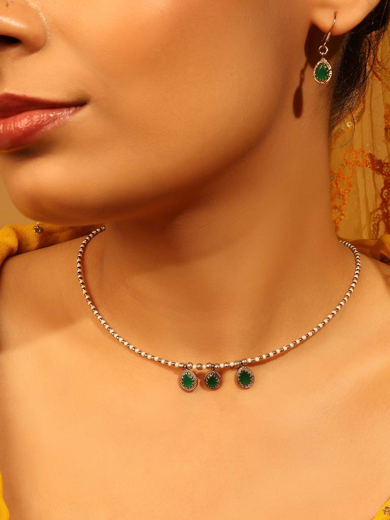 Charming Oval Shape Green Crystal Gold Plated Matinee Necklace Set (Mala) For Women : 6ML27_MD