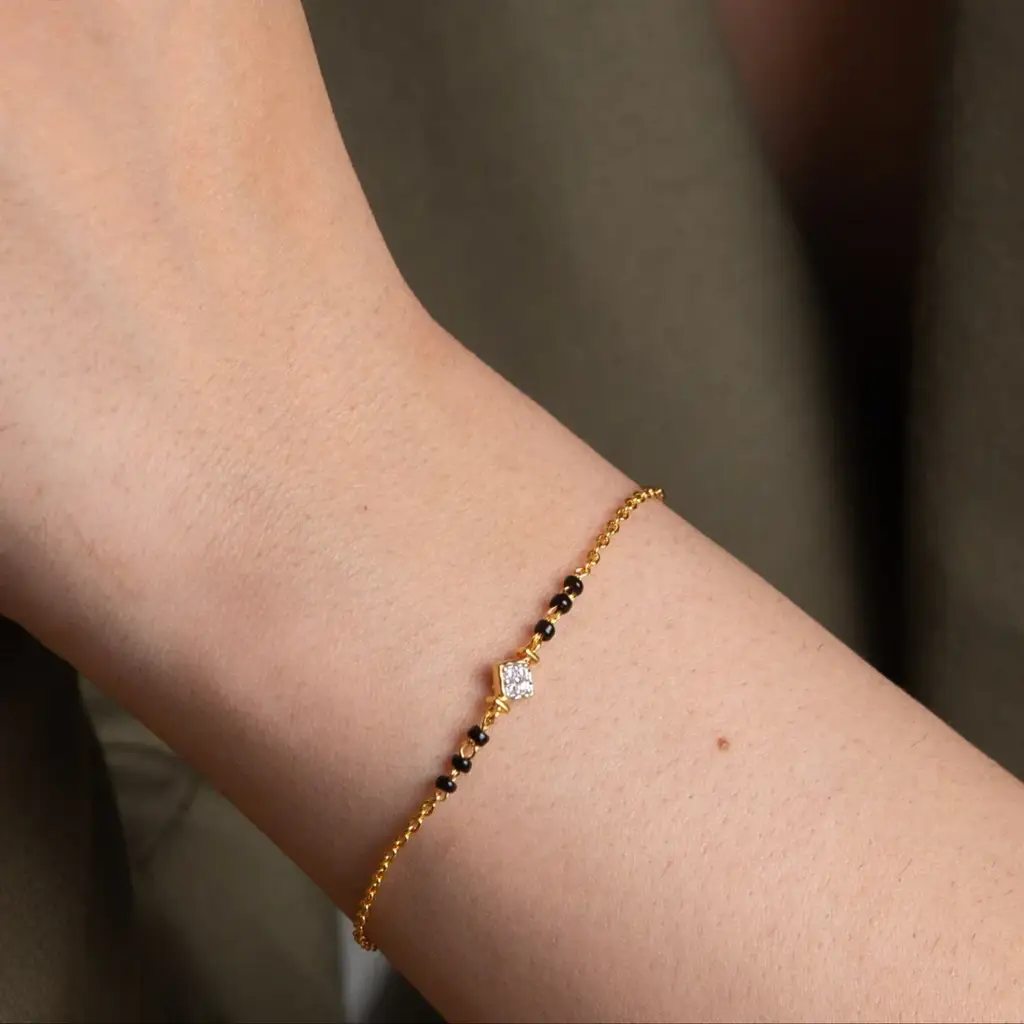Tilted Square Black Bead Mangalsutra Bracelet : KBC0060-Gold