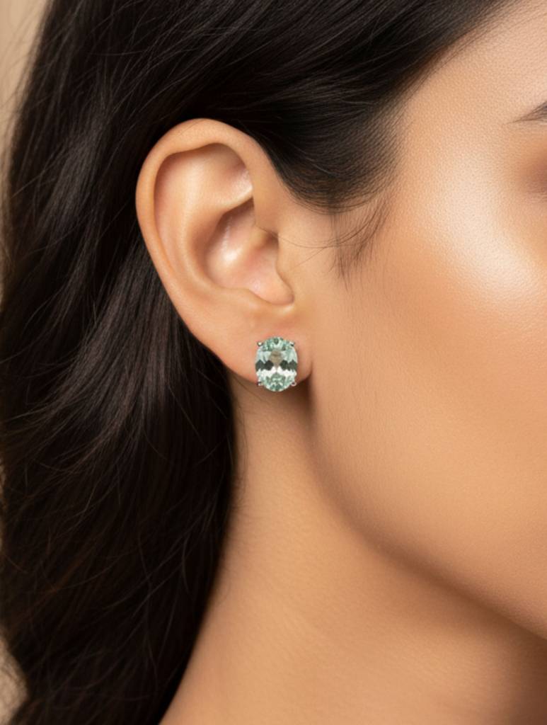 Natural Green Amethyst Oval Stud Earrings In 925 Sterling Silver : VSILSME043_GA