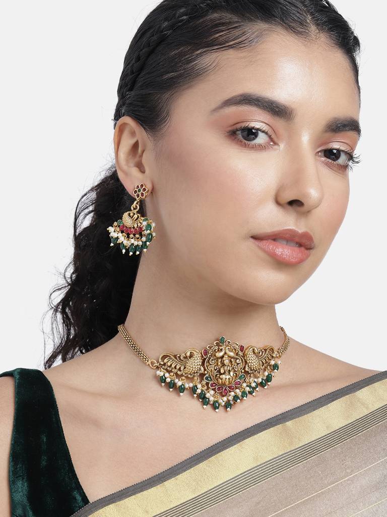Peora Traditional Gold Plated Red Green Beads Studded Choker Necklace Dangle Earrings Set Ethnic Stylish Fashion J : PF47N02RG