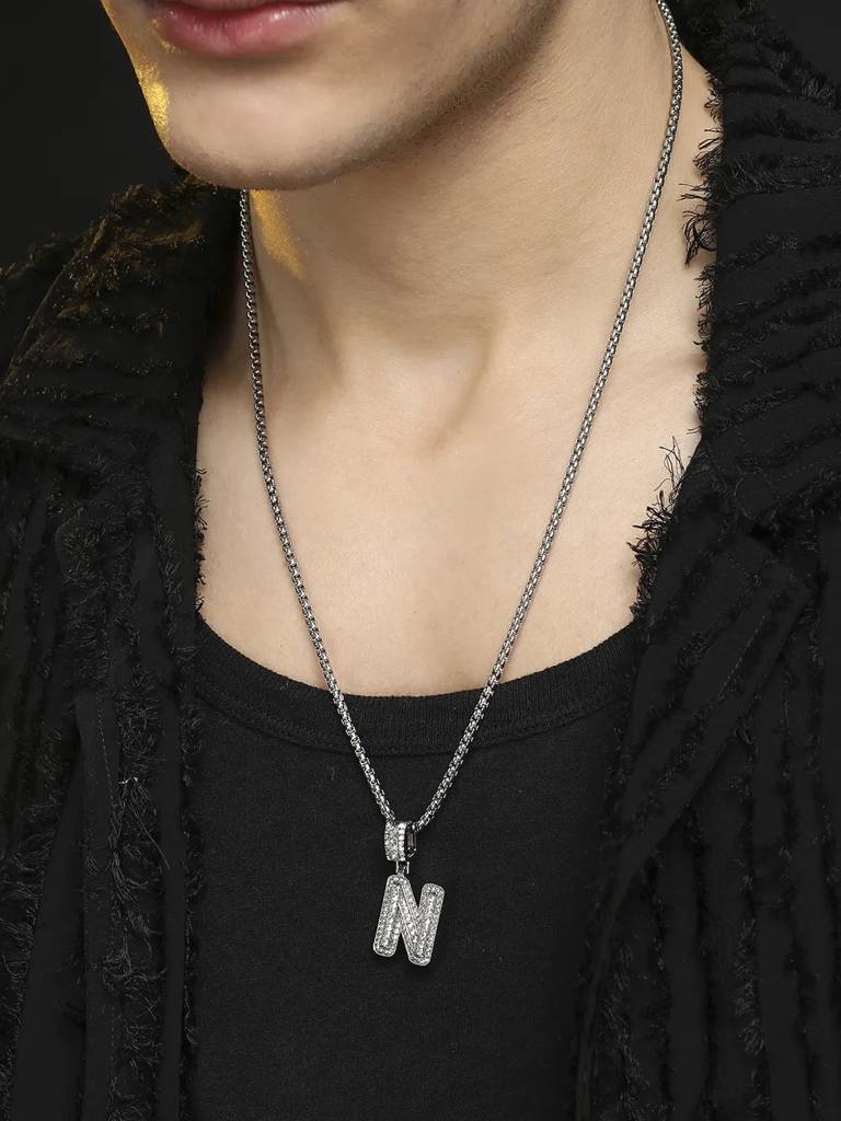 Men'S Embellished Alphabet Pendant Necklace - Silver : FANC1071-N