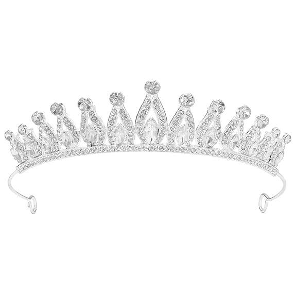 Silver Plated Crystal Studded Princess Crown Tiara For Women Sparkling Cubic Zirconia Bridal Hair Jewellery Festiv : PX9CW27RW