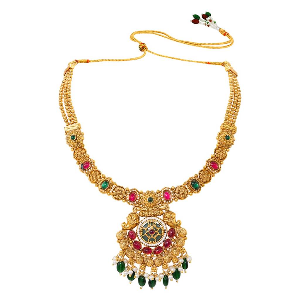 Traditional Gold Plated Bridal Necklace Jewellery Set For Women | Faux Ruby Emerald & Beads, Adjustable Drawstri : PF04BR13RPG