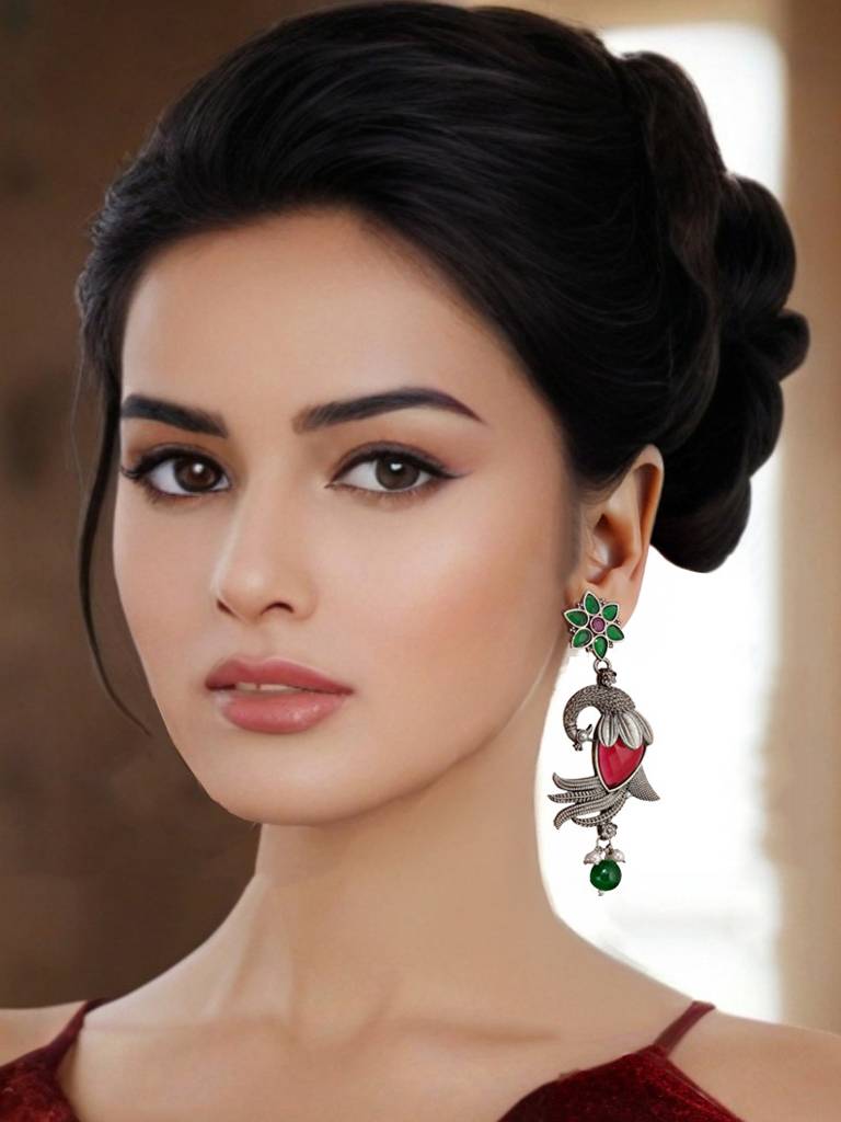Oxidised Silver Celebrity-Inspired Earrings For Girls & Women | Peacock Earing Set : 390-KEO-14042-RG-S