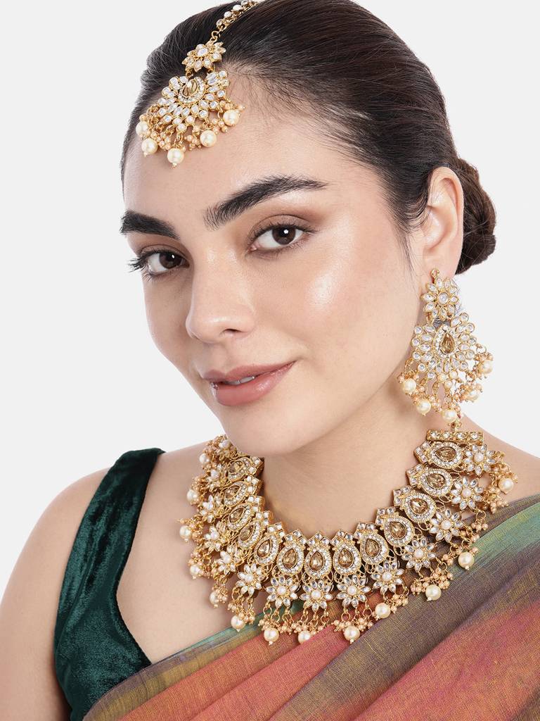 Peora Gold Plated Kundan Dangling Pearls Necklace Earring Maangtikka Jewellery Set For Women : PF28N126LCT