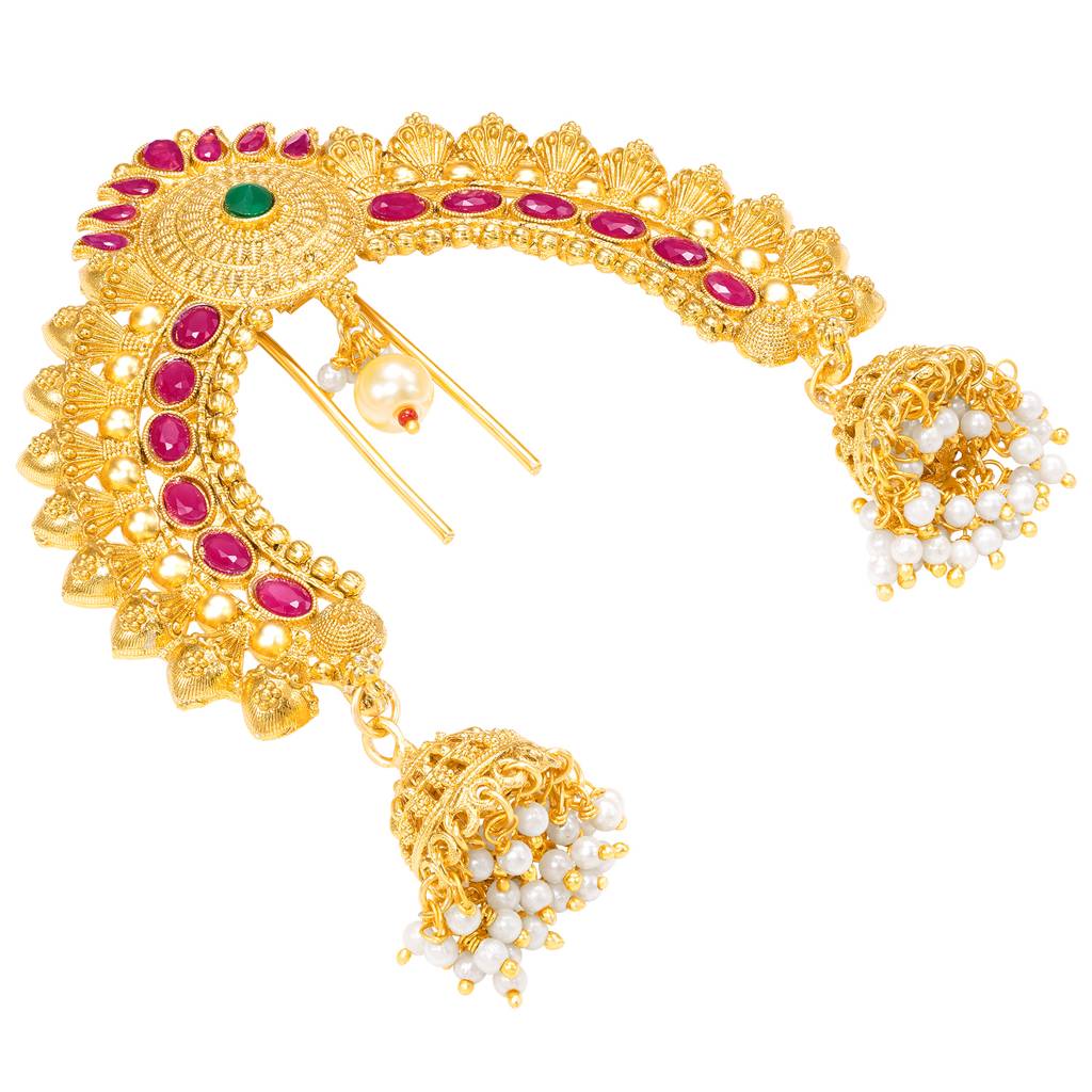 Ethnic Hair Juda Pin Brooch For Women & Girls Gold Plated Faux Ruby Emerald & Beads Studded Festive Bridal Jewel : PF04HJ09RPG