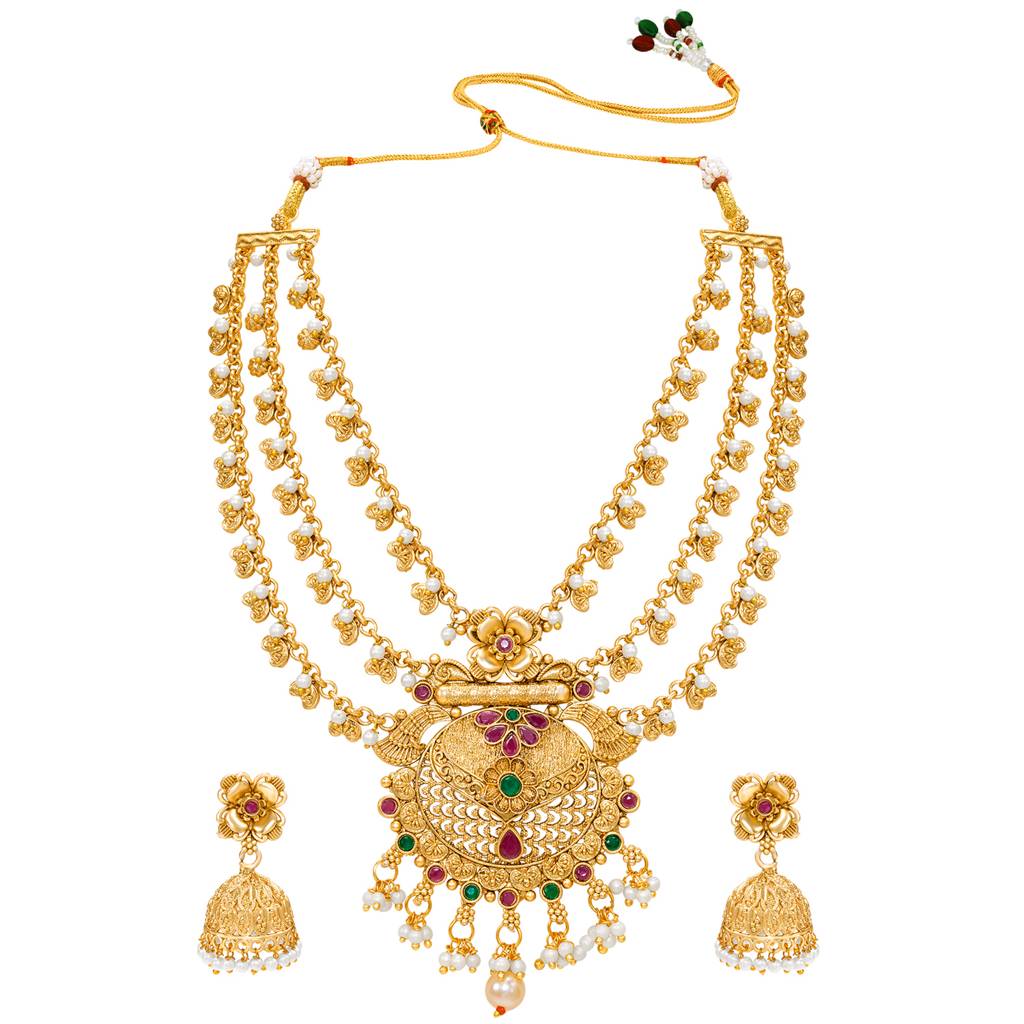 Ethnic Necklace Earrings Set For Women & Girls Gold Plated Faux Ruby Emerald & Lariya Studded Festive Tradition : PF04N10154RG