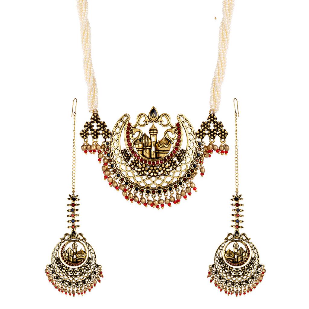 Arabian Nights Crescent Moon Antique Gold Necklace Set : 8905124424478