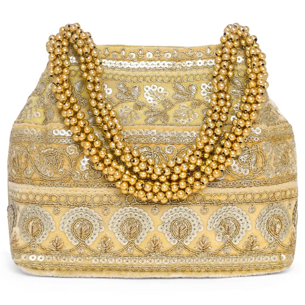 Golden Ethnic Embellished Potli Bag For Women Fancy Evening Wristlet Bridal Purse Bag For Girls : P95G-F-3
