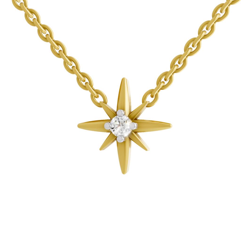 Lab Grown Diamond 0.07Ct Round 925 Sterling Silver Gold Plated Star Necklace : SQN19726-NK-925S-007CT