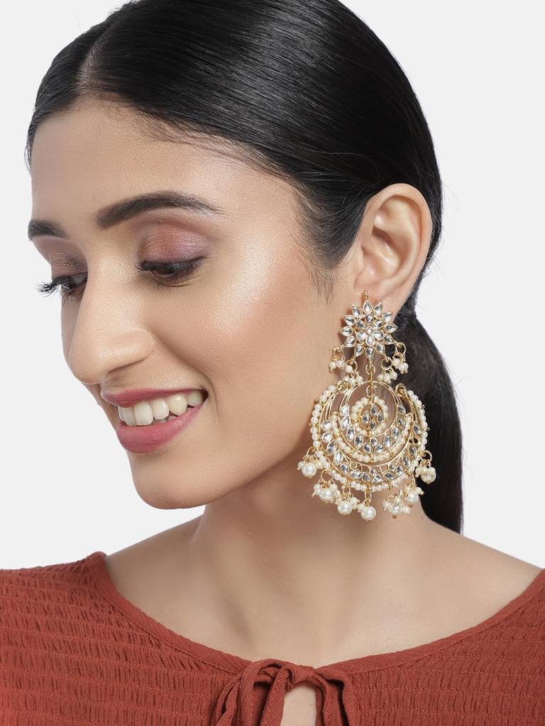 Gold Plated Indian Ethnic Bridal Kundan Pearl Chandbali Earrings For Women Girls Fancy Fashion Traditional Jewellery : PF25E106W