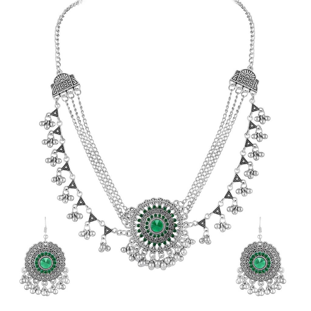 Green Stylish Oxidised Necklace Earrings Set For Women & Girls Silver Plated Crystals Studded Festive Fancy Desig : PX9N217GRN
