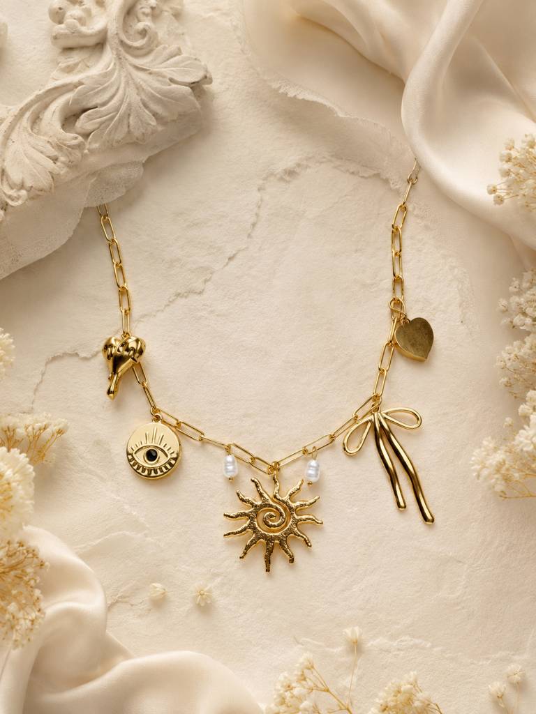Gold Charm Necklace With Sun & Heart Pendants : AN-LJ-GO-0016-DN