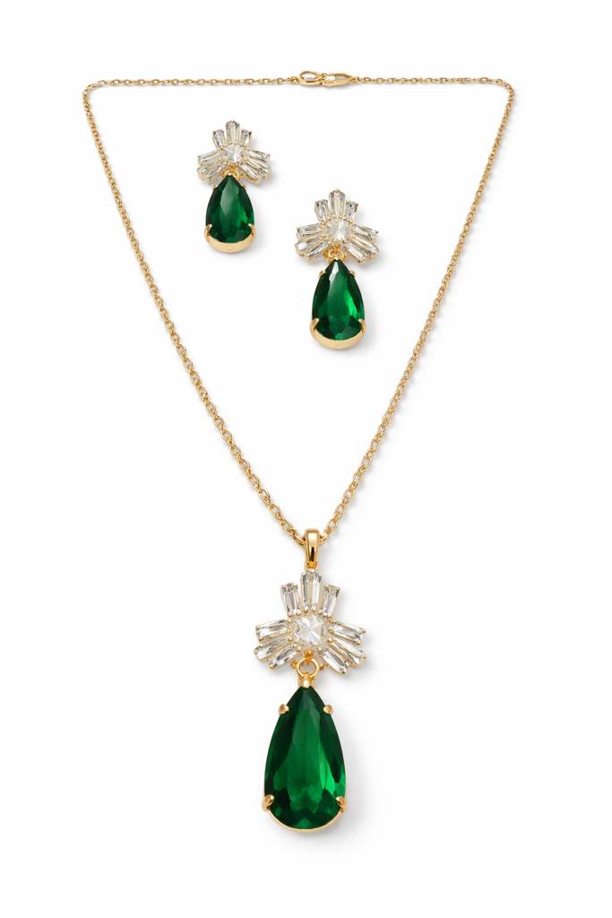 Minimal Gold Green Stone Necklace Set : NEC-799-A8064